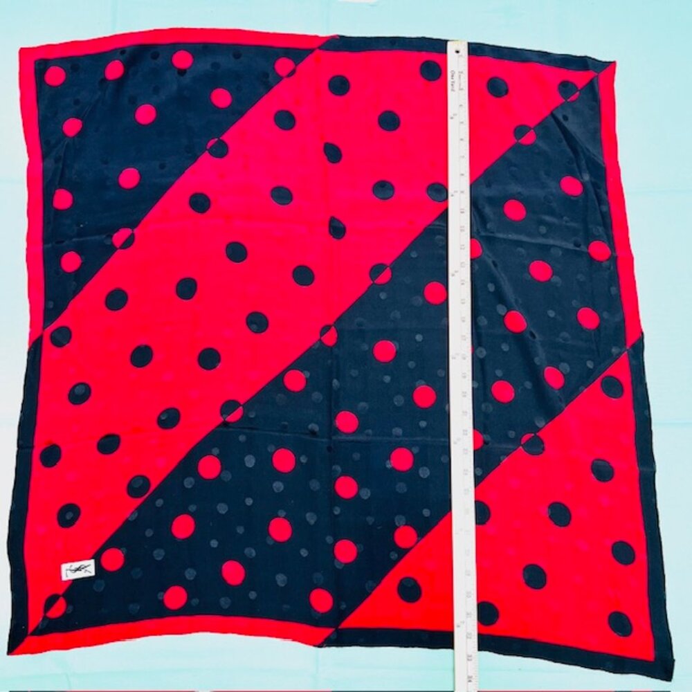 Yves Saint Laurent 100% Silk Satin scarf 33"  black red pocka dots (66 - Picture 12 of 13